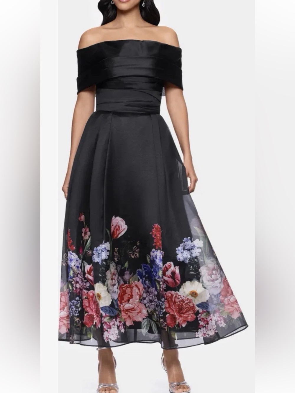 New Betsy & Adam Placed Floral Off the Shoulder Gown In Black/Red Size 4 $279